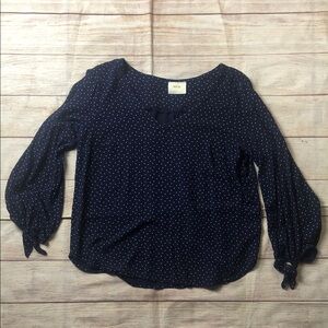 Anthropologie Maeve Pernille Navy Polka Dot Blouse with wrist tie detail 💜